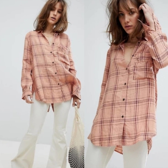 Free People Linen Plaid Button Down Shirt XSmall XS - Picture 2 of 10